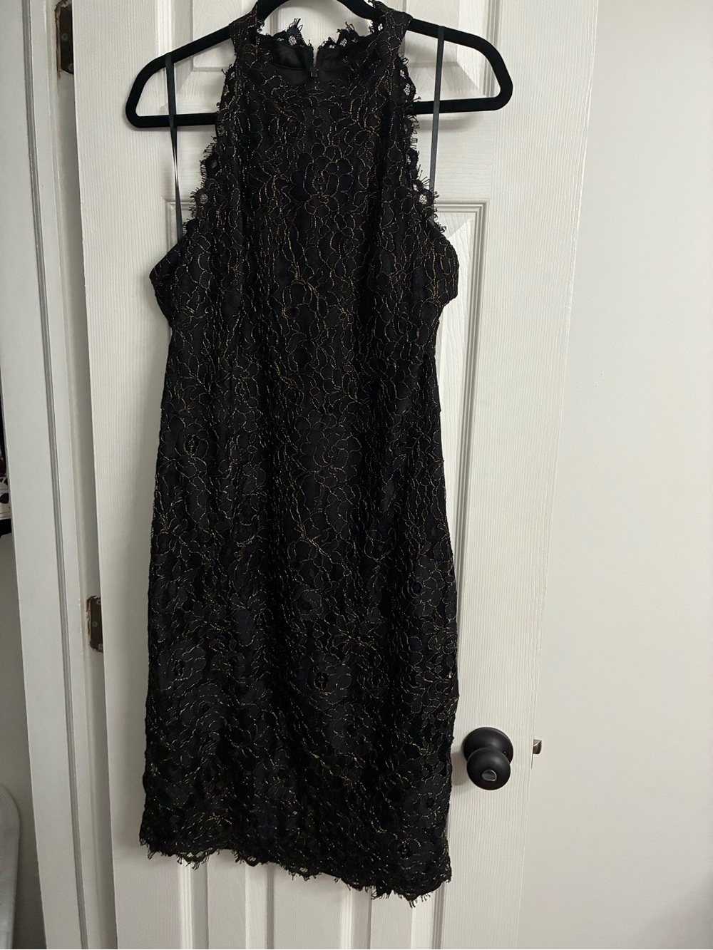 Black Lace Halter Cocktail Dress with Gold Threading